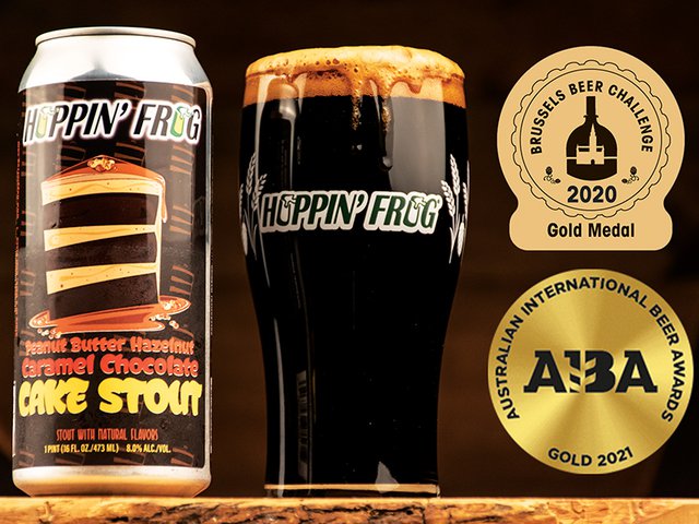 HF_Peanut Butter Hazelnut Caramel Chocolate Cake Stout_16oz singe can with overflow glass and medals_2021__.jpg